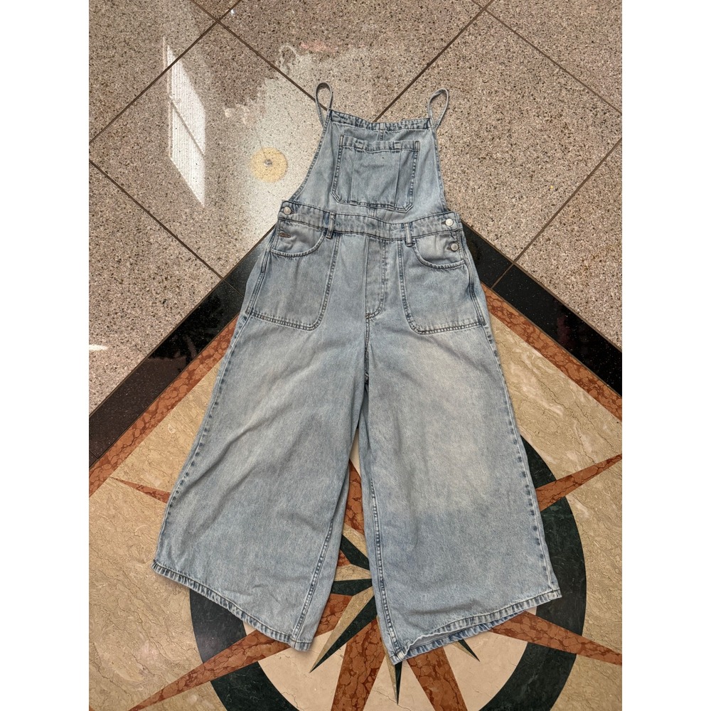 We The Free Free People Light Wash Wide Leg Denim Overalls Large OB1804212
